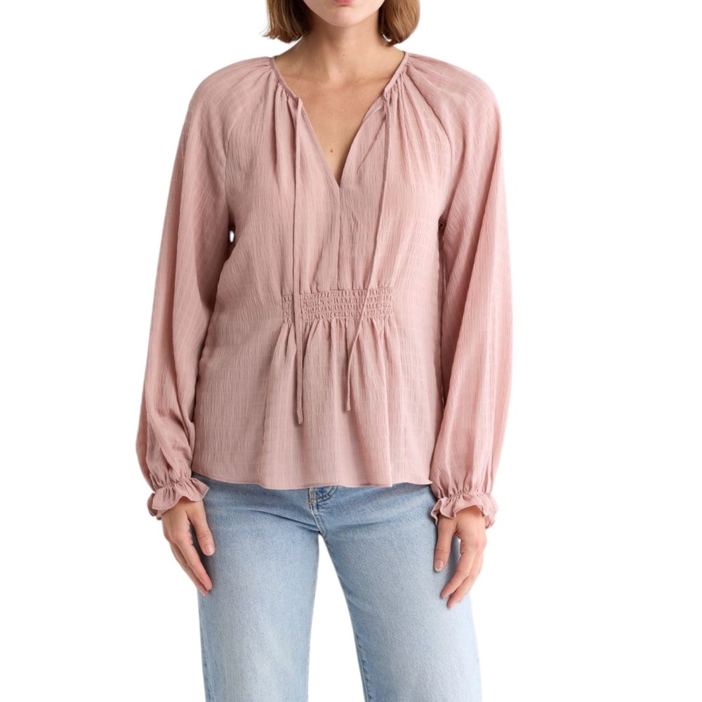 Nordstrom Rack Mauve Pink Textured Shadow-Stripe Smocked Peplum Blouse Size XL